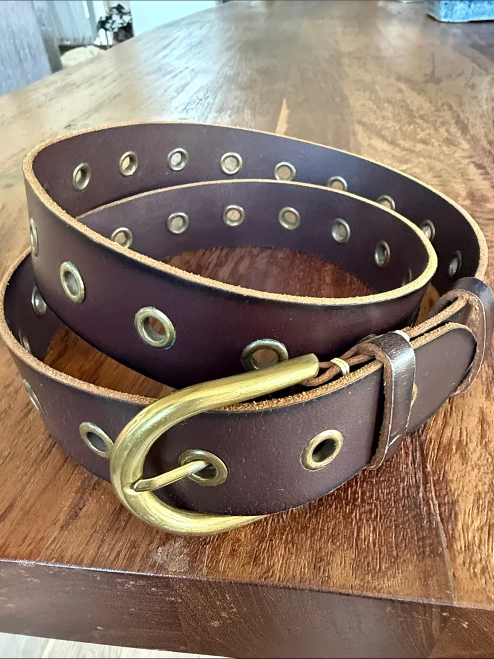Frye Brown Leather Grommet Belt with Brass Buckle
